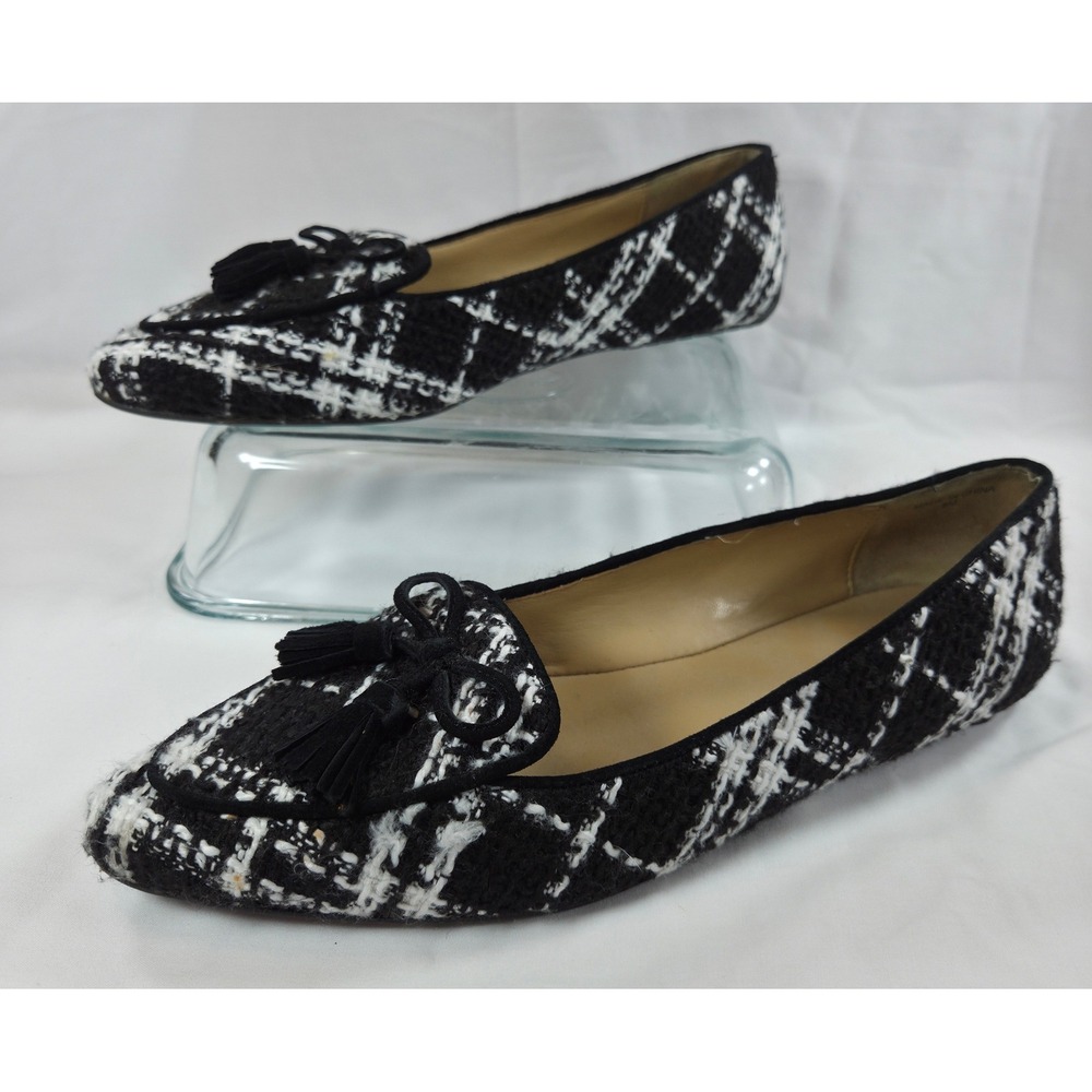Talbots Womens Boucle Tweed Tassel Loafer Flats 8M Black White Plaid